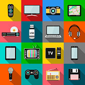 Set of technology and multimedia devices icons with long shadow effect