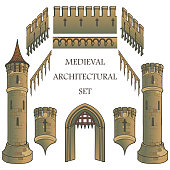 Set of the Medieval Castle architectural elements. Defencive structures. Towers, battlements, gates. Designers kit.