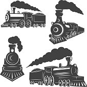 Set of trains icons isolated on white background. Design elements for logo, label, emblem, sign, brand mark.