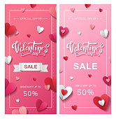 Set of Valentine's day sale flyers with beautiful lettering, paper hearts of red, pink and white colors, and ribbon. Discount up to 50%. - Vector