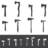 Set of various axe silhouettes. Collection of hatchets.