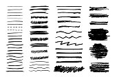 Set of vector grungy graphite pencil art brushes. Pencil textures of different shapes. Easy edit color and apply to any path, write and draw.