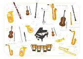 Set of vector modern flat design musical instruments. A group of orchestra instruments.