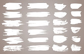 Set of white ink vector stains. Vector black paint, ink brush stroke, brush, line or round texture. Dirty artistic design element, box, frame or background for text