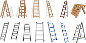 Set of wooden and metall stairs. Wooden, metall  staircase on a white background. Vector ladders illustratio