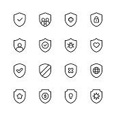 Shield Line Icons. Editable Stroke. Pixel Perfect. For Mobile and Web. Contains such icons as Badge, Award, Coat of Arms, Insignia, Privacy, Royalty, Military, Armour, Insurance, Hospital, Healthcare, Coronavirus, Vaccine, Family, Savings, Bug.
