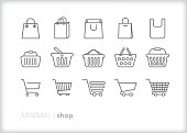 Shop line icons of bags, baskets and carts for shopping and retail