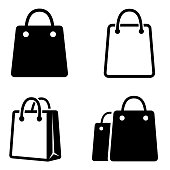 Shopping bag collection. Handbag icon. Eco paper bag simple icons. Line and flat vector style isolated on white background - stock vector.