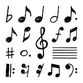 Simple hand drawn notes and musical clef in doodle style