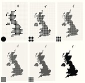 Six dotted maps of United Kingdom in different resolutions