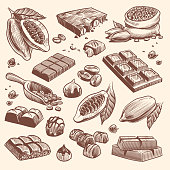 Sketch cocoa and chocolate. Cacao and coffee seeds and chocolate bars and candies. Hand drawn sweets isolated vector set
