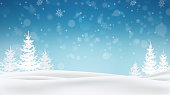 Snow background. Winter blue sky. Christmas background. Falling snow. Forest in the snow. Snowdrifts, blizzard. Eps10