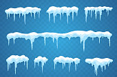 Snow icicles set isolated on transparent background. Snowcap borders. Vector snowy elements. Hanging icicles in flat style. Decoration for winter design.