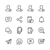 Social Media Line Icons. Editable Stroke. Pixel Perfect. For Mobile and Web. Contains such icons as Hashtag, Social Media, User Profile, Notification, Like Button, Online Messaging.