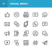 Social Media Line Icons. Editable Stroke. Pixel Perfect. For Mobile and Web. Contains such icons as Like Button, Thumb Up, Selfie, Photography, Speaker, Advertising, Online Messaging, Hashtag, User.