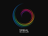 Spiral logo. Round logotype design. Color swirl on black background. Dynamic shape concept. Abstract colorful element. Creative logo. Vector illustration