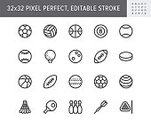 Sport balls line icons. Vector illustration with minimal icon - soccer, rugby, basketball, table tennis racquet, ice hockey puck, bowling, softball equipment. 32x32 Pixel Perfect. Editable Stroke