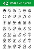 42 Sport simple outline vector icons with football, hockey, soccer, rugby, tennis, moto, bike, baseball and others