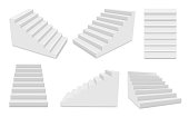 Stairs with white steps in different position realistic set. Stairway for exterior or interior mockups.
