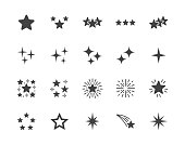 Stars flat glyph icons set. Starry night, falling star, firework, twinkle, glow, glitter burst vector illustrations. Black signs for glossy material property. Silhouette pictogram pixel perfect 64x64