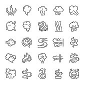 Steam, smoke, smell, icon set. Clouds of different shapes, linear icons. Line. Editable stroke