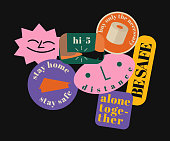 Stickers about Corona virus COVID-19 Stay home Stay safe. Buy only the necessary. Alone Together. Posters about social distancing, Pandemic illustration