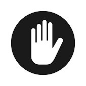 Stop hand icon flat black round button vector illustration