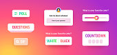 Story sticker collection, social media labels template for your post and stories design on gradient background. Poll, quiz, countdown icon mockup, ui form and options, vector illustration.