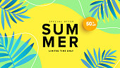 Summer sale editable template banner with fluid liquid elements, tropical leaves and bubble forms for flyer, invitation, poster, website or greeting card.