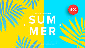 Summer sale vector illustration with tropical leaves background. Promotion banner for website, flyer and poster. Vector illustration