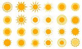 Sun icons. Modern simple seasons signs, summer emblems, sunshine silhouette with different rays style, heat weather symbols. Monochrome yellow solars logos, vector isolated on white set