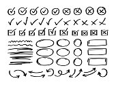 Super set hand drawn check mark with different circle arrows and underlines. Doodle v checklist marks icon set. Vector illustration