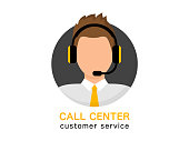 Support service. Customer service operator. Man with headphones. Call center online assistant. Hotline support service 24h. Vector illustration.