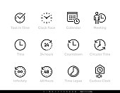 Task and Time icons set. Clock, Calendar, Meeting, 24 hours, Time, 48h, Lapse editable line vector illustration on white background.