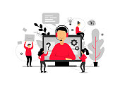 Technical support online, operator is talking to the client, 24h customer service for web page, hotline support, virtual help service - vector illustration