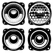 templates for posters or badges with monochrome acoustic speakers