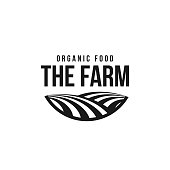 The farm icon template. Meadow silhouette, land symbol with horizon in perspective. Farm food badge