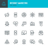 INTERNET MARKETING - thin line vector icon set. Pixel perfect. Editable stroke. The set contains icons: Online Shopping, Testimonial, Questionnaire, Megaphone, Rocket, Contented Emotion.
