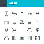 FURNITURE - thin line vector icon set. Pixel perfect. Editable stroke. The set contains icons: Living Room, Bed, Desk, Chair, Kitchen, Dining Table, Sofa, Office Chair, Bookshelf, Armchair.