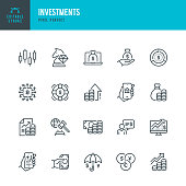 INVESTMENTS - thin line vector icon set. Pixel perfect. Editable stroke. The set contains icons: Business Strategy, Investment, Stock Market, Profit Growth, Loan, Wealth, Financial Advisor, Cryptocurrency, Currency Exchange.