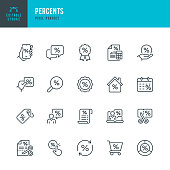PERCENTS - thin line vector icon set. Pixel perfect. Editable stroke. The set contains icons: Discount Shopping, Coupon, Searching Discounts, Tax Refund, Accountancy, Mortgage, Loan.