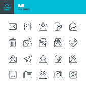 MAIL - thin line vector icon set. Pixel perfect. Editable stroke. The set contains icons: E-Mail, Mail, Address Book, Envelope, Letter Sending, Inbox Letter, Searching Letter.
