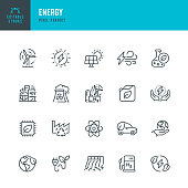 ENERGY - thin line vector icon set. Pixel perfect. Editable stroke. The set contains icons: Solar Energy, Wind Power, Renewable Energy, Hydroelectric Power, Hydrogen, Green Technology.