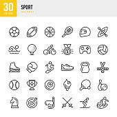 SPORT - thin line vector icon set. Pixel perfect. The set contains icons: Soccer, Boxing, Basketball, Golf, Swimming, American Football, Tennis, Ice Hockey.