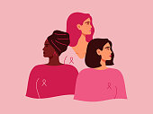 Three women with pink ribbons of different nationalities standing together. Breast cancer