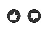 Thumbs up and down in black. Good and bad sign. Finger up and down in black circle. Yes and no sign. Isolated positive and negative symbol. Thumb up and down in flat design. EPS 10.