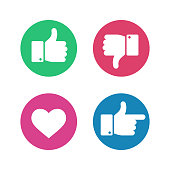 Thumbs up down sign. Point finger and heart icons in red and green circle. Social media love user reaction vector isolated buttons