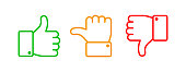 Thumbs up set. Green like red dislike and yellow undecided line icons. Thumb up and down vector outline isolated web buttons