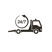 Tow truck icon, Car towing truck 24h sign. Vector isolated illustration