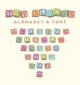 Toy baby blocks font alphabet in bright colors